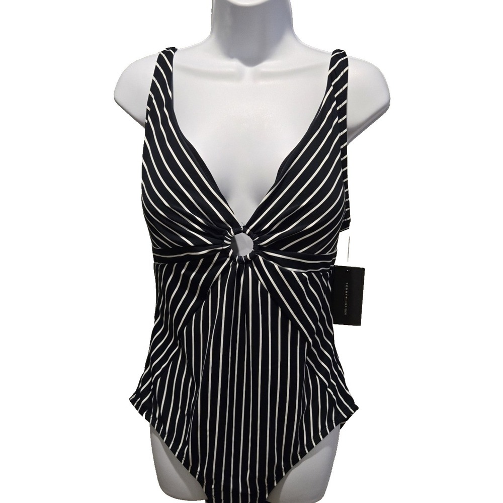 NWT Tommy Hilfiger Women's Swimsuit Bathing Suit 1 Piece Black White Stripes XXL